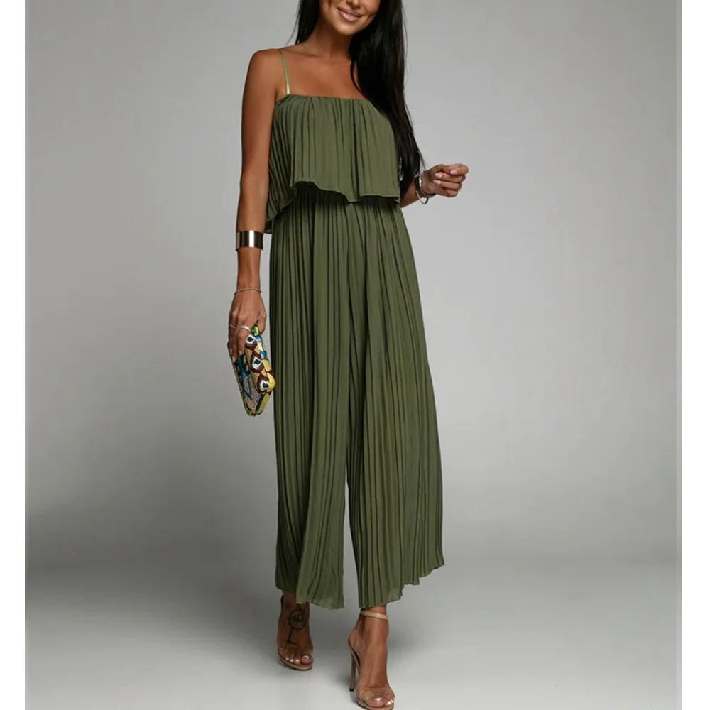 

Women Summer Casual Sleeveless Jumpsuits Fashion Pleated Sling Top-Layer Loose Long Romper Ladies Wide Leg Pants Jumpsuit