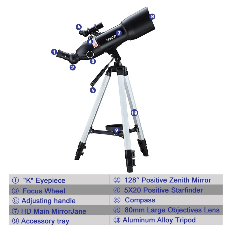 Telescopio astronómico para adultos y niños, telescopio astronómico para  principiantes de 80mm con trípode de Refractor de montaje en teléfono 10x -  AliExpress