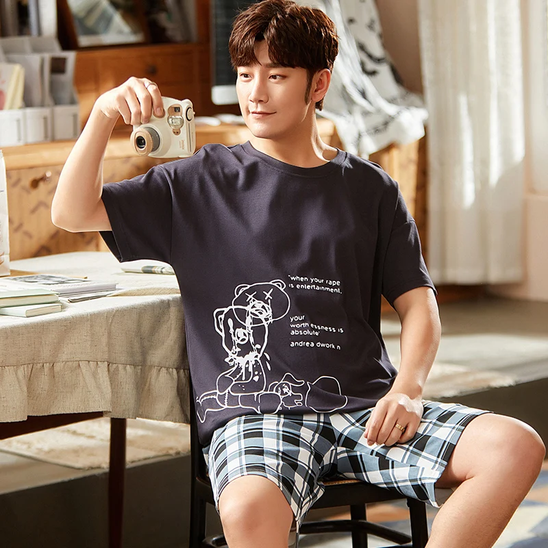 2 Pieces Set Men's Summer Cotton Pajamas Set Short Sleeping Tops Pants Sleepwear Male Casual Nightwear Pijama pyjama night cloth