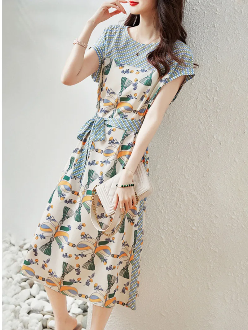 

Fashionable Summer New Art Style Pattern Print Lace up Bow Tie Waist Slim Fit Gentle Round Neck Mid length Women's Dress V480