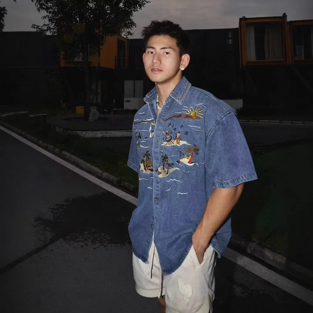 Neutral Retro Short Sleeve Shirt Summer Hawaii Beach Style Coconut Tree Denim Print Men's Shirt Casual Fashion