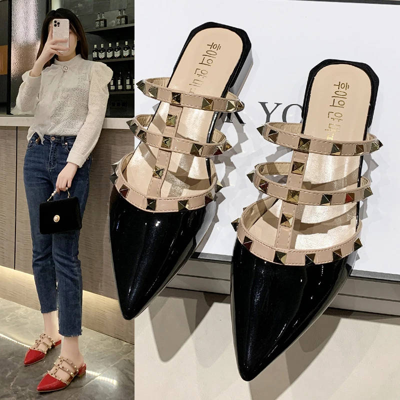 

Women's sandals 2022 summer new style Baotou flat bottom pointed rivet half slippers women's low heel fashion designer slippers