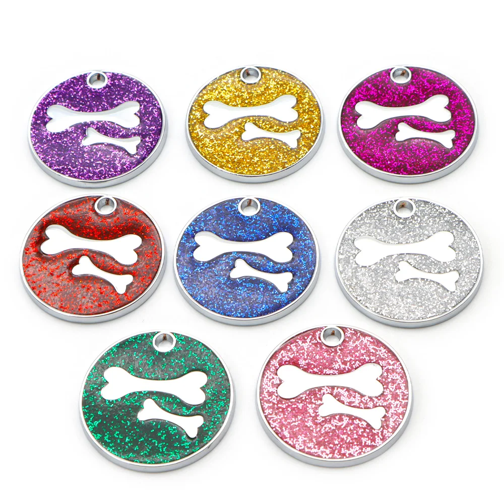 

100Pcs Dog ID Tag Sliver Sparkles Bone Round Alloy Custom Personalized Cat Collar Pendant Engraved Pet Necklace DIY Keyring