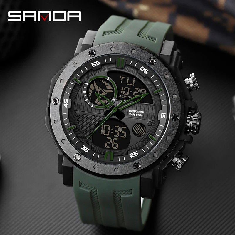 SANDA Quartz Watch Men Army Green 50M Waterproof Silicone Strap Sports Watches Luminous Digital Display Relogio Masculino 6012