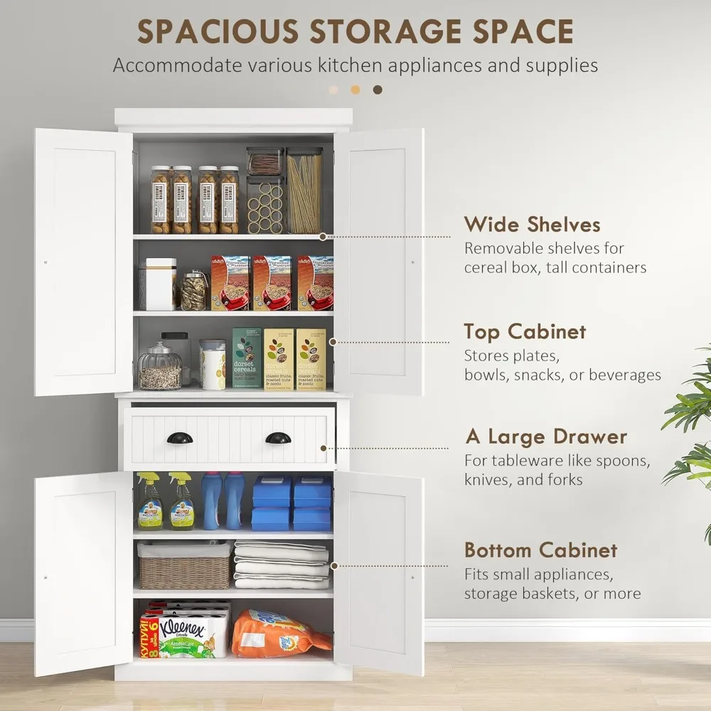 72" Kitchen Pantry Storage Cabinet, Traditional Freestanding Cupboard with 4 Doors and 3 Adjustable Shelves