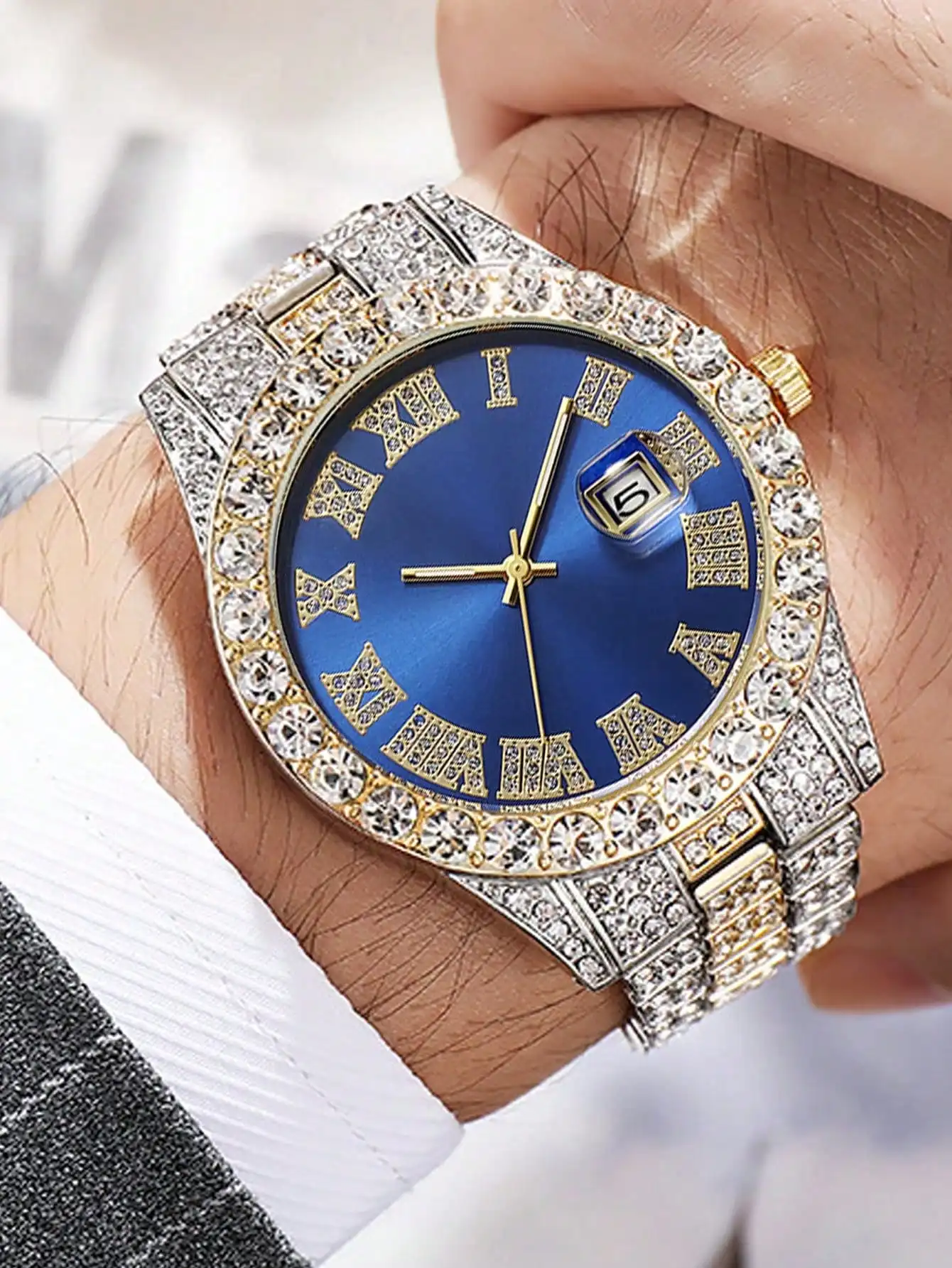 Iced Out - Men's waterproof quartz watch, men's clock, elegant diamond, luxury brand, 2-piece set_voghion.com