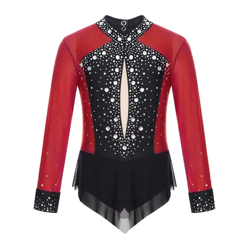 Kids Girls Rhinestones Color Block Rhythmic Gymnastics Dress Mesh Patchwork Leotard Skirted Bodysuit for Dancing Figure Skating - Image 8