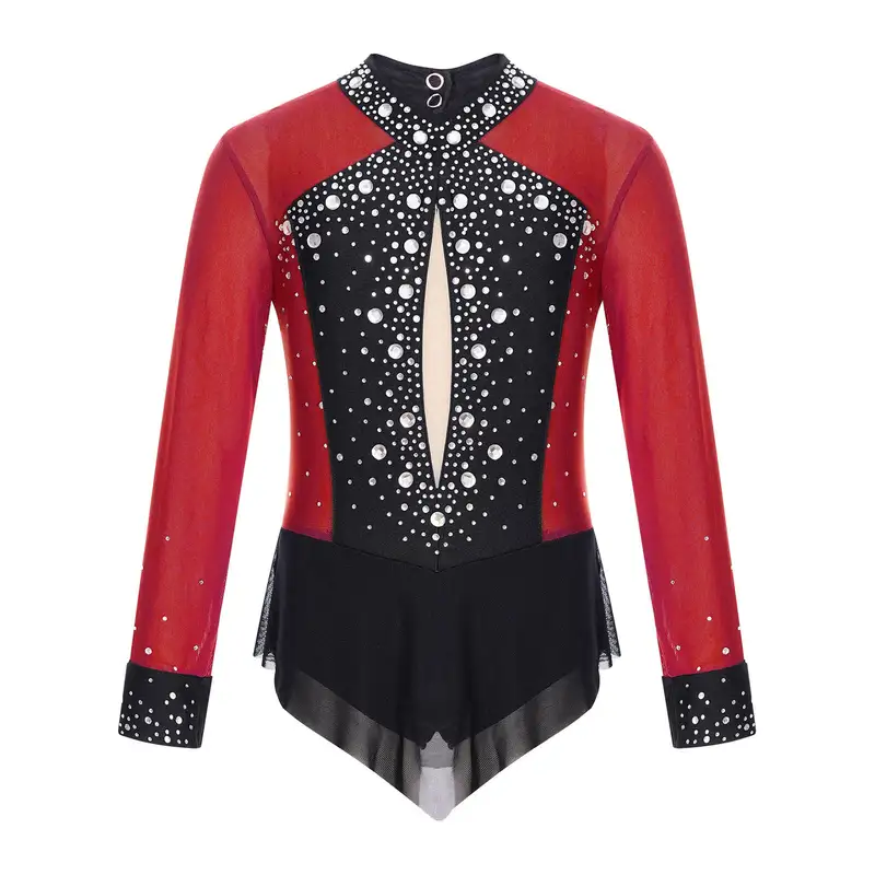 Kids Girls Rhinestones Color Block Rhythmic Gymnastics Dress Mesh Patchwork Leotard Skirted Bodysuit for Dancing Figure Skating - Image 8