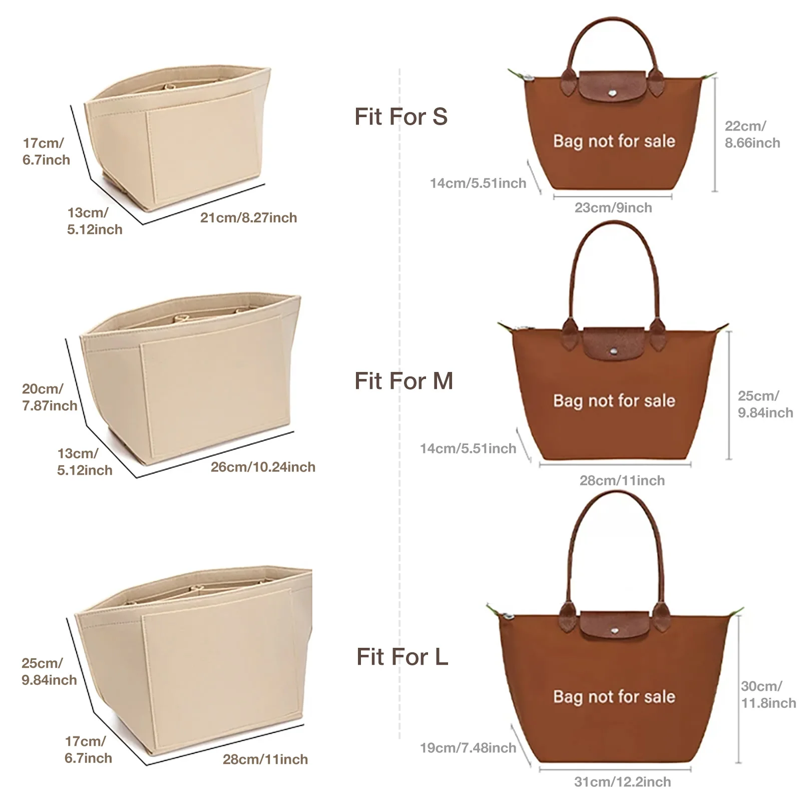 Filz-Einsatztasche, passend für Longchamp Handtasche, Liner-Tasche, Filztuch, Make-up-Tasche, Unterstützung für Reisen, tragbarer Einsatz-Geldbörsen-Organizer – Detail 3