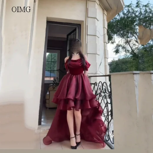 OIMG Elegant Burgundy Off The Shoulder Asymmetry Prom Gowns - Fabric Detail 1