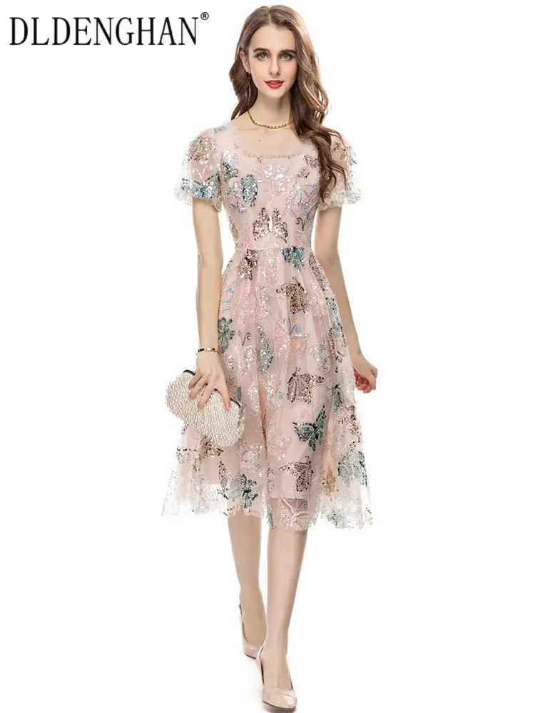 

DLDENGHAN Spring Summer Women Mesh Dress Square Collar Short Sleeve Butterfly Sequins Beading Vintage Dress Fashion Designer New