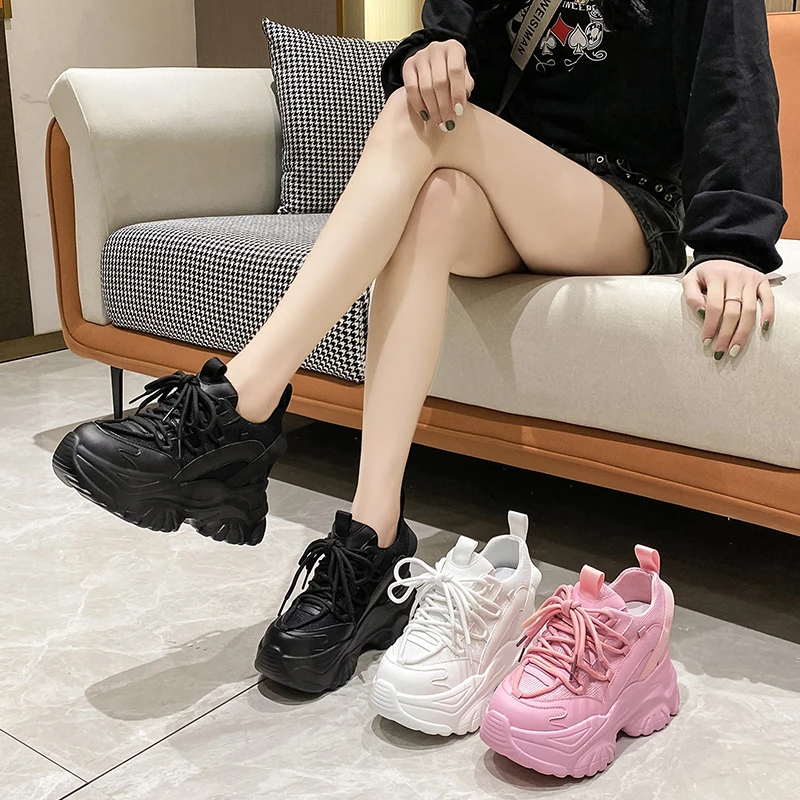 2022 Spring Breathable Mesh Chunky Sneakers Women Wedge Casual Sport Shoes Lace-up High Heels 9.5CM Platform Shoes Zapatos Mujer