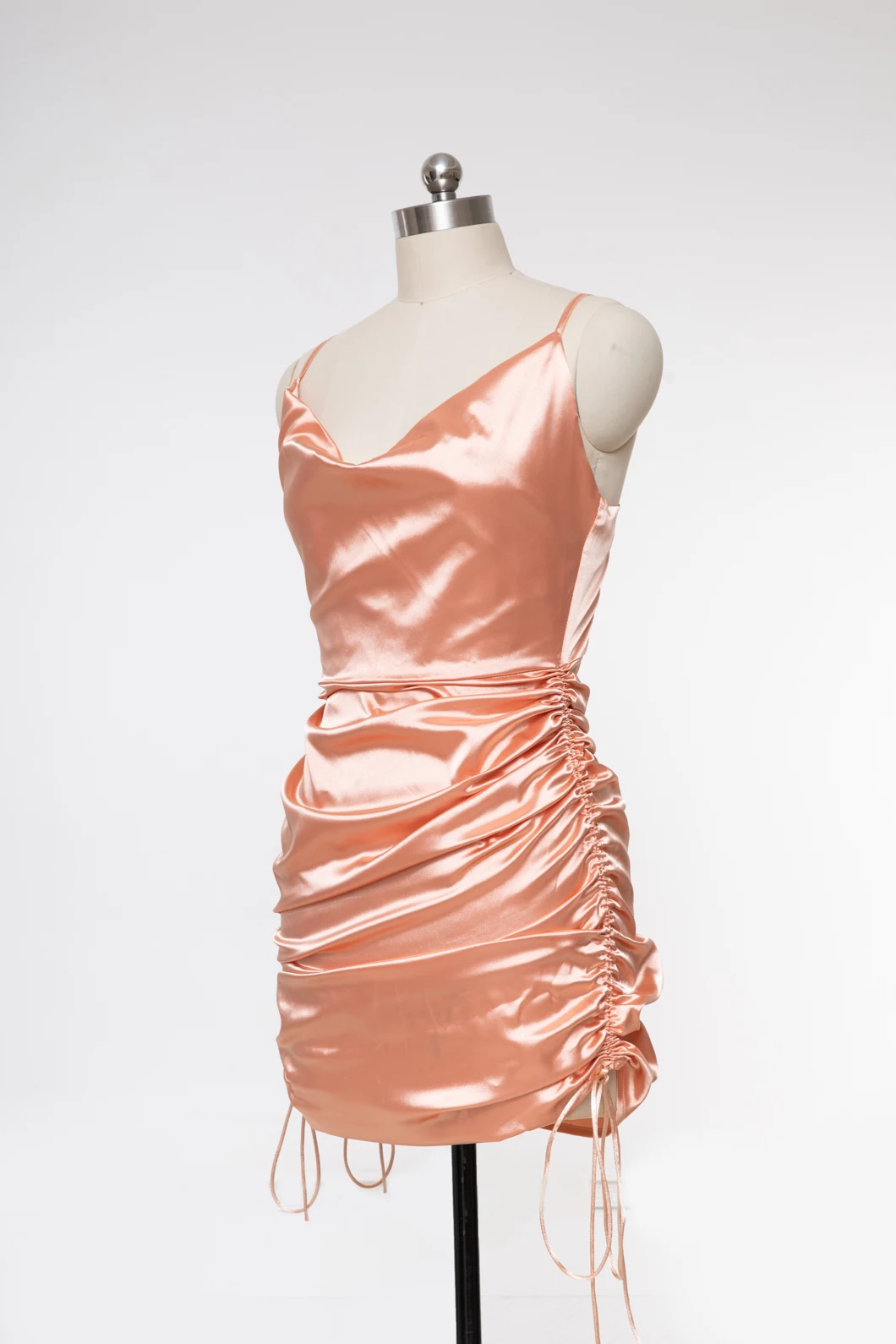 DIWU Ruched Satin Summer Dress Drawstring Spaghetti Straps Cowl Neck Backless mini Dresses for Women Party Sexy Vestidos 2022