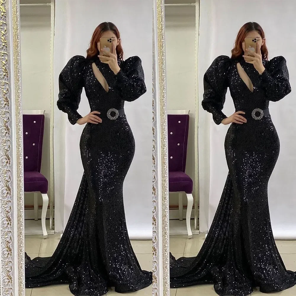 

Sexy Black Sequined Evening Dresses Hollow Neck Puff Sleeve Mermaid Formal Prom Celebrity Pageant Gowns For Girls فساتين سهره