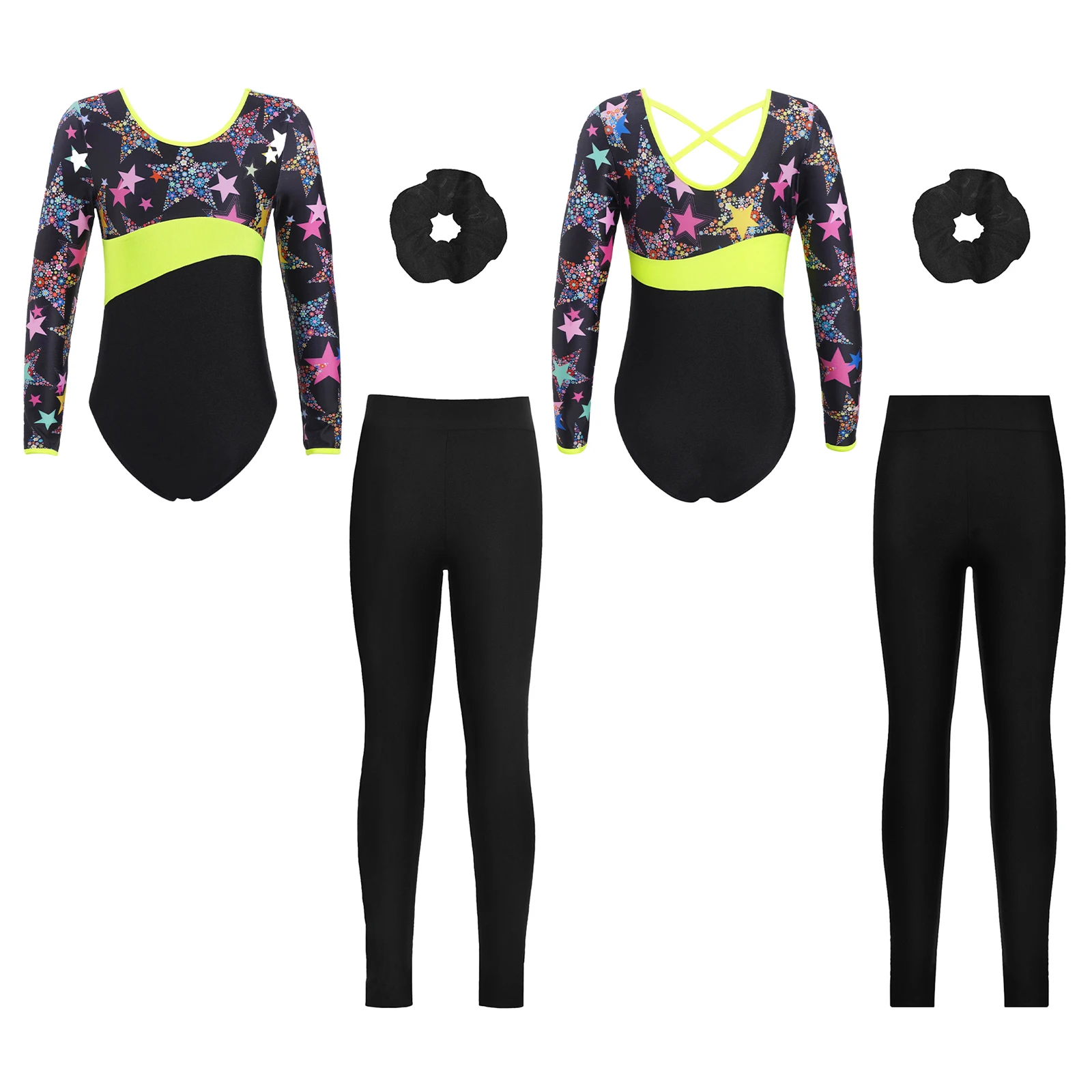 TiaoBug Kids Girls 6 to 14 Years Gymnastics Dance Set Printed Leotard with Elastic Waistband Leggings and Headband for Training