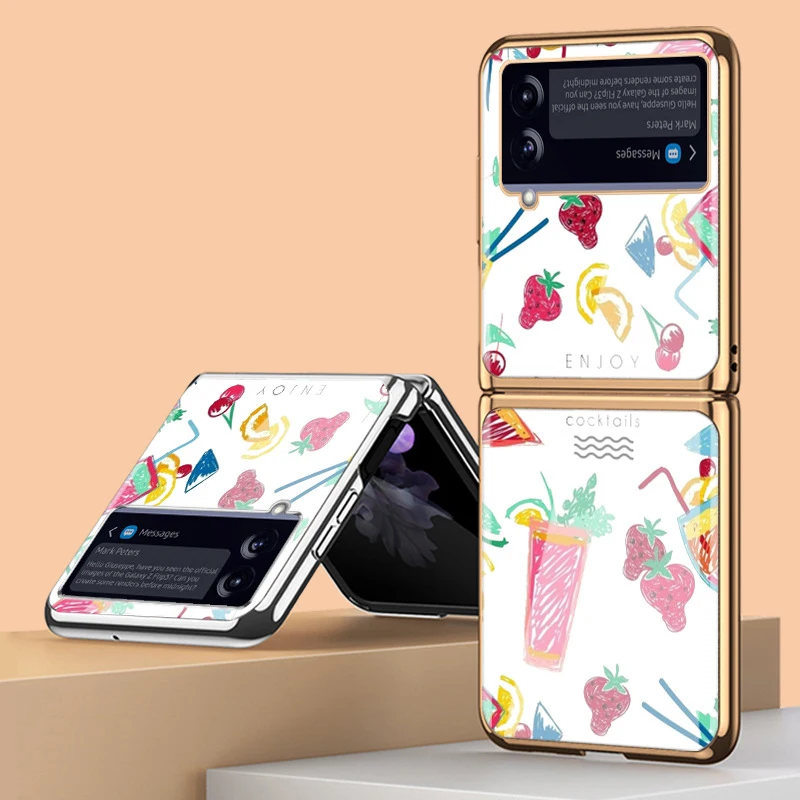 Z Flip 4 Funda Case for Samsung Galaxy Z Flip 4 3 2 Small Fresh Summer Fruit Plating Tempered Glass Protection Phone Case Cover