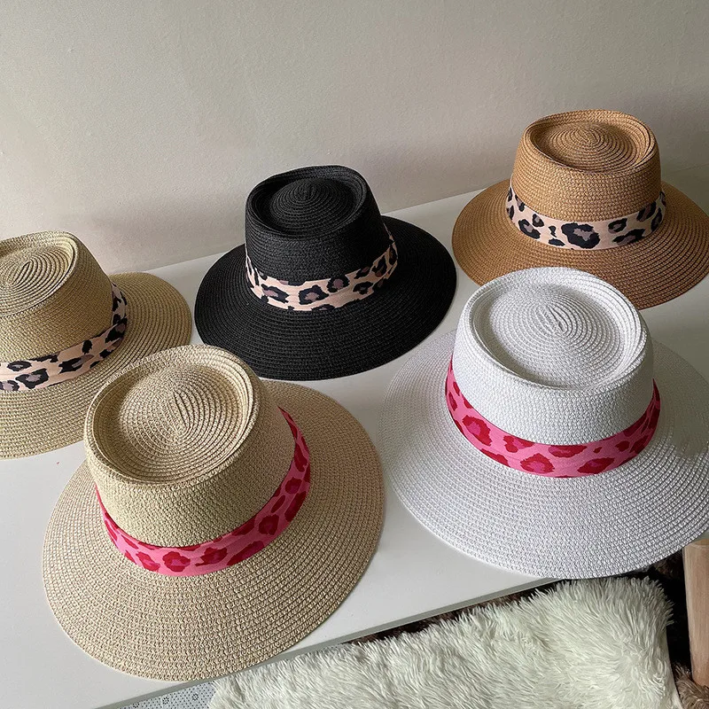 Leopard print ribbon straw hat new women's hat spot wholesale outdoor