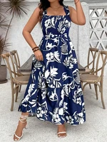 Plus Size 2025 Summer New Holiday Floral Halter Dress with Ruffle Hem and Gathered Bust Plus Size Dress Polyester - Image 5