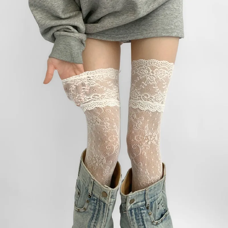 Socks Woman Solid Color Thigh High Lace...
