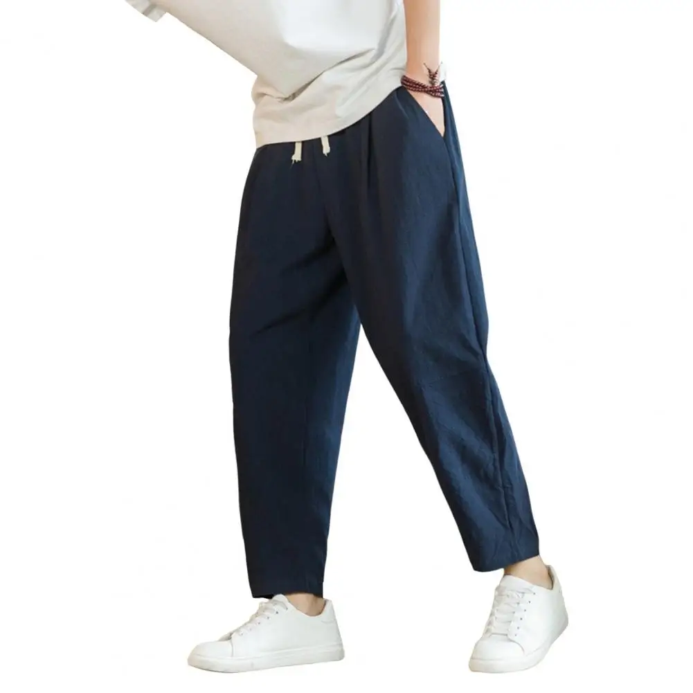 Description Picture 6 of itemMen Pants Solid Color Loose Straight Drawstring Elastic Waist Pockets Trousers Ankle Length Casual Sweatpants Long Trousers