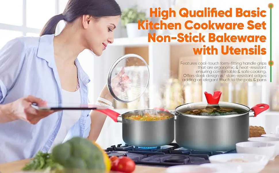Description Picture 4 of itemNutriChef 21-Piece Nonstick Cookware Set Includes Saucepans Skillets Round & Square Baking Pans Loaf & Muffin Pans Pizza Crisper