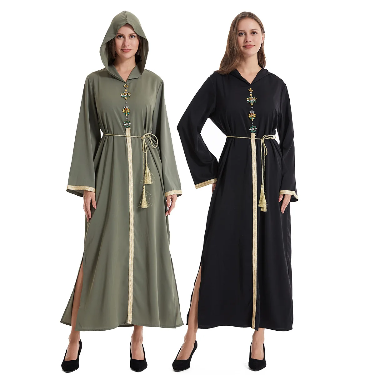 Abaya For Women Dubai Middle East Arab Hooded Jellaba Ramadan Eid Loose Women Robe Green Long Sleeves V-neck Women Clothing