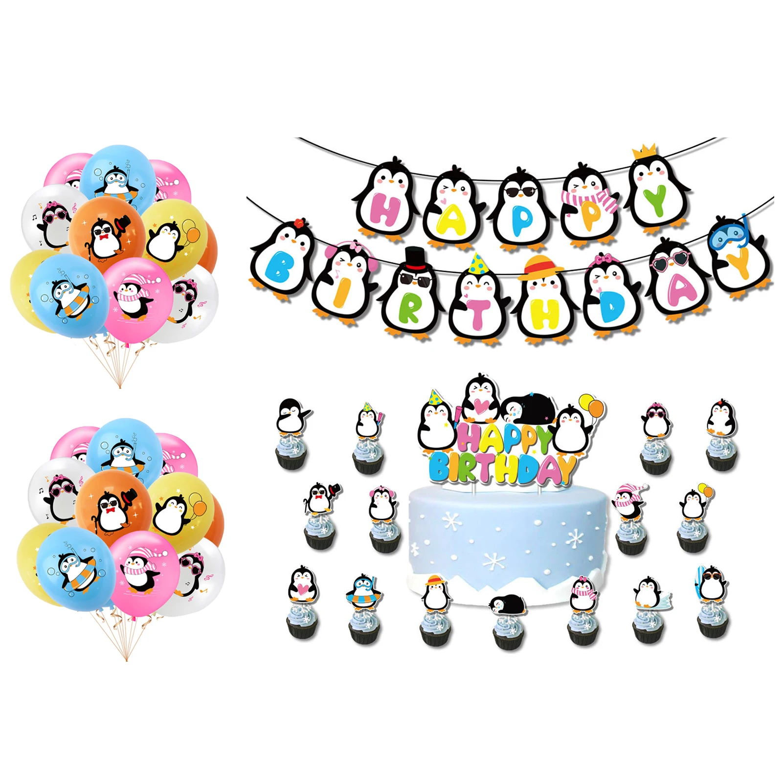 

Cute Happy Birthday Banner for Kids, Cake Topper, Backdrop Celebration, Party Decoration Set, Cartoon Penguin, Baby Shower