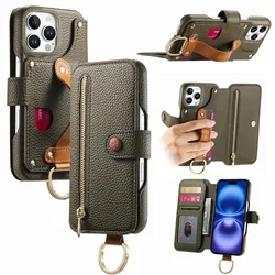 Universal Leather Wristband Wallet Case with Zipper and Ring Holder - iPhone 15 (Green)