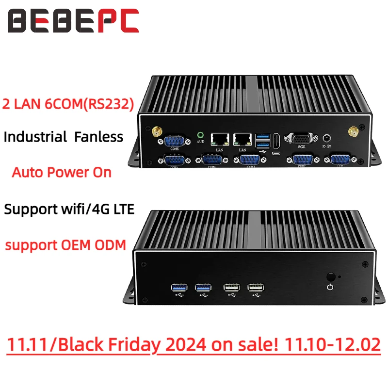 Mini PC BEBEPC Mini Industrial PC Fanless Dual LAN 6*COM 4G LTE Core i5 10210U i7 4500U HD WiFi 6*RS232 RS485 Windows 11 Linux