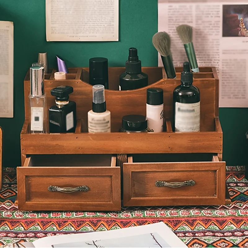 Organizer da scrivania in legno di ispirazione vintage: scomparti multipli per cosmetici e articoli per ufficio, ideale per l'arredamento della casa