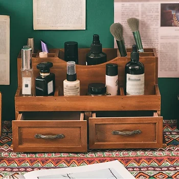 Organizer da scrivania in legno di ispirazione vintage: scomparti multipli per cosmetici e articoli per ufficio, ideale per l'arredamento della casa
