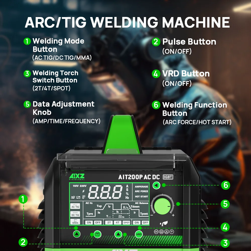 AIXZ HF TIG Welding Machine 200A AIT200P AC DC Welder With Pulse 5 in 1 IGBT Inverter ARC Stick Welder Spot TIG Aluminum Welder 4