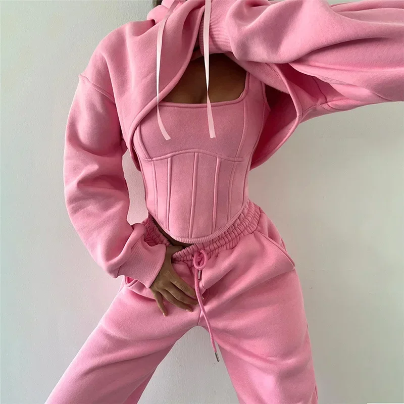 

Solid Fleece 3 Piece Sets Tracksuits Women Lace Up Corset Tanks Long Sleeve Hooded Sweatshirts Crop Top Jogger Pants Suits