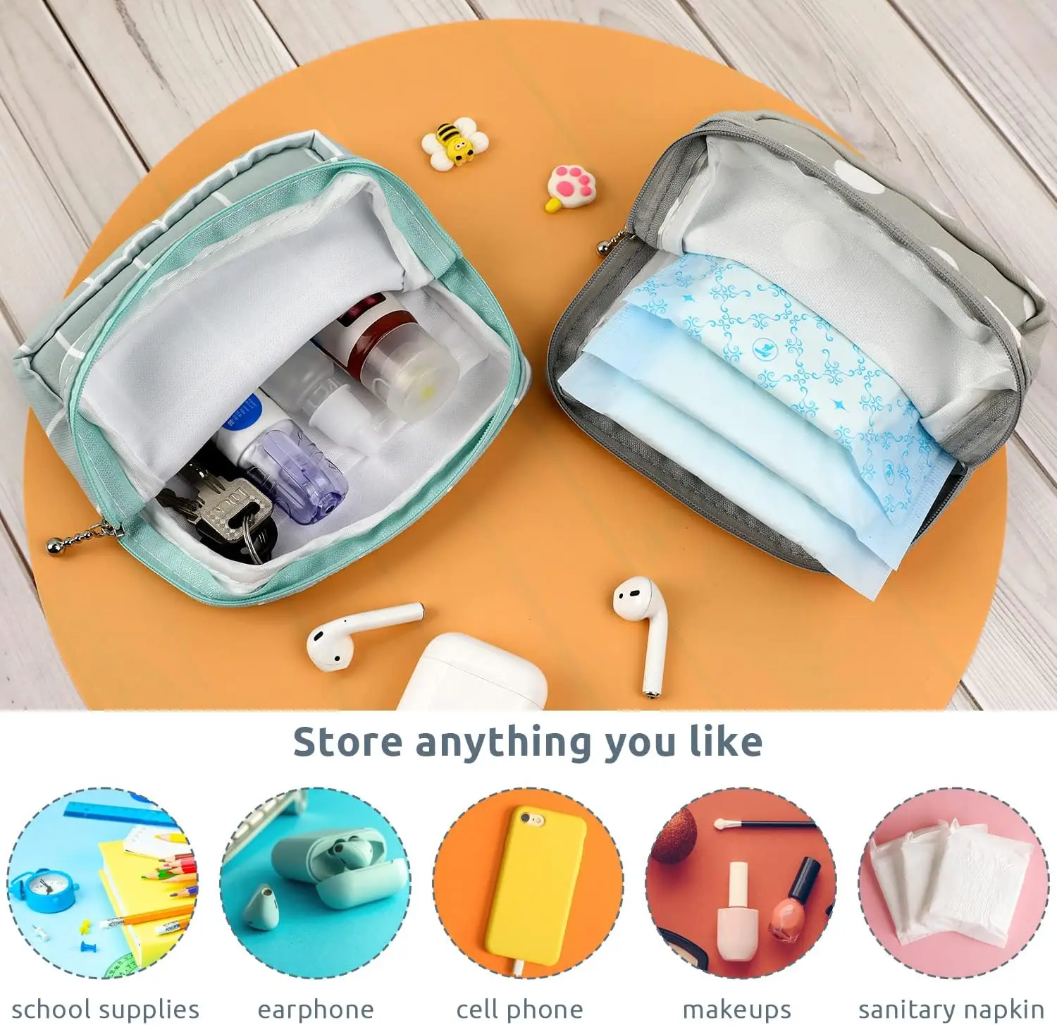 Borsa portatile per il ciclo mestruale, impermeabile, per la conservazione di assorbenti e tamponi, e piccole borse per il trucco, regalo per donne e ragazze. - immagine 5