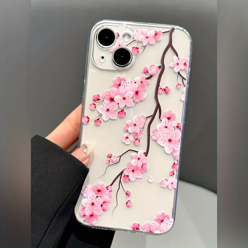 Pink Plum Blossom Shockproof Transparent Phone Case Cover