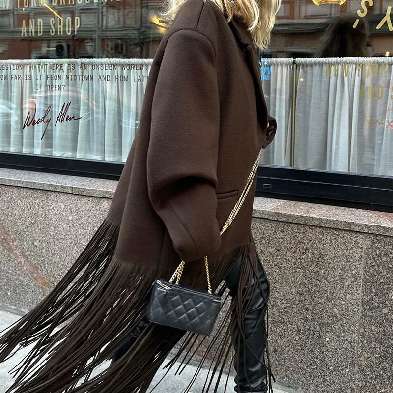 Abrigo largo de lana con borlas para mujer, chaqueta holgada de manga larga con solapa y botonadura sencilla, color marrón, primavera 2025