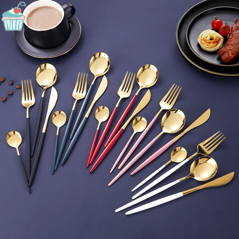 

4PCS Gold Cutlery Set Camping Knife Fork Spoon Golden Stainless Steel Korean Dinnerware Set Luxury Tableware Flatware Set