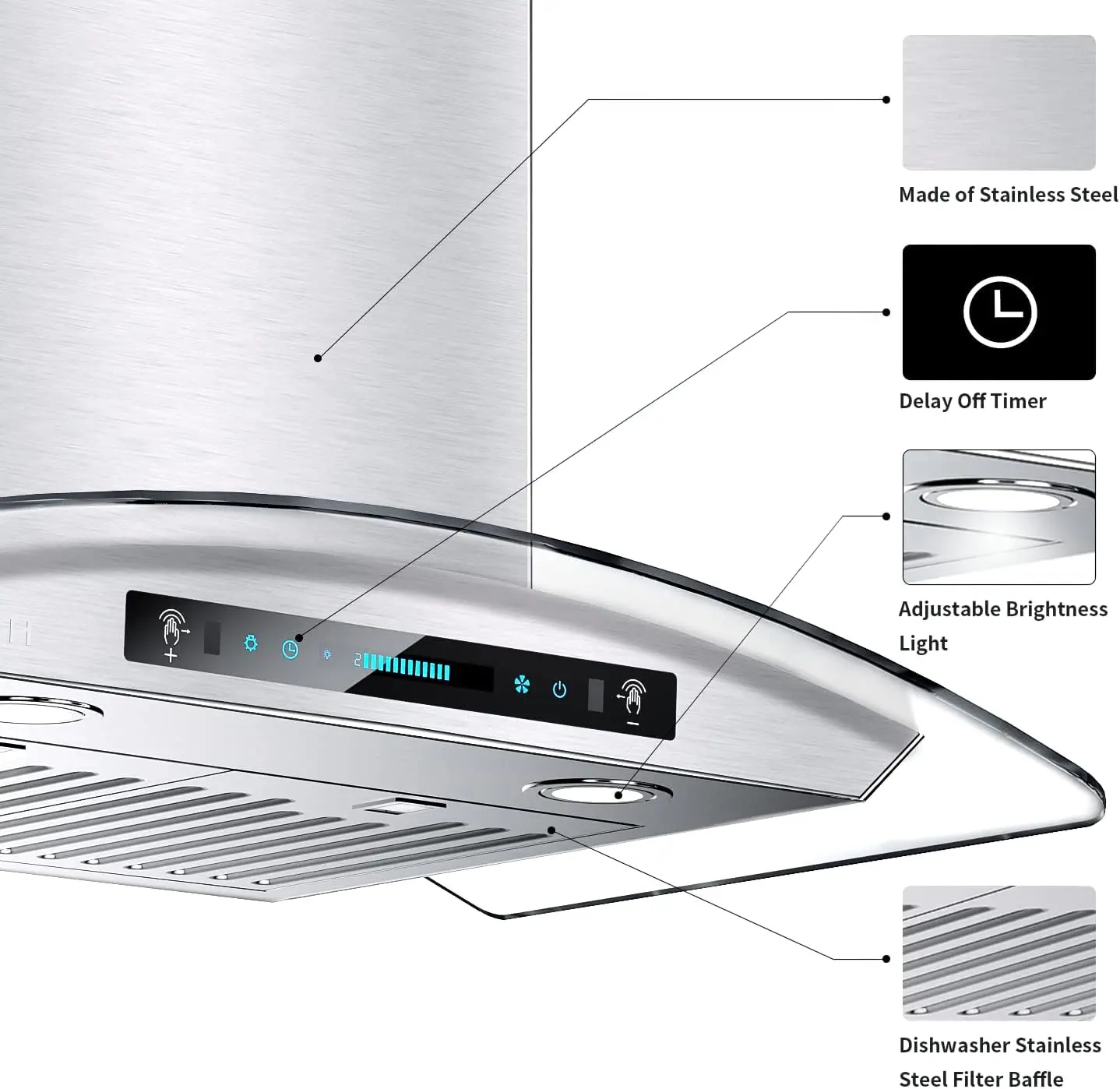 30-inch Wall Mount Range Hood Tempered Glass , Vent Stainless Steel with Gesture Sensing & Touch Co 5