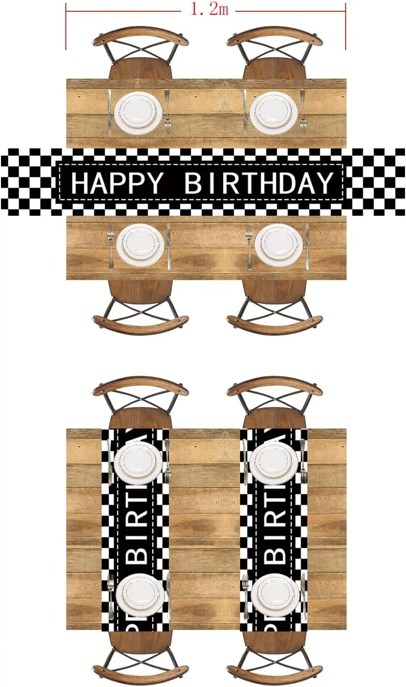 Happy Birthday Black White Checkerboard Linen Table Runner Party Decor Racing Theme  Dining Table Runner Birthday Decorations 5