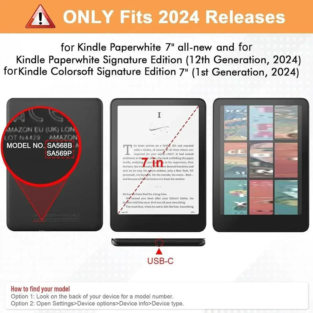 핸드 서포트 e-리더 케이스 아크릴 자동 웨이크/슬립 스마트 커버 충격 방지 킨들 페이퍼화이트 12세대/컬러소프트 2024 7인치용