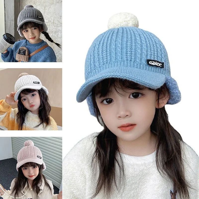 Autumn Winter Ear Protection Children's Hat Frost Proof Warm Knit Hat Plus Plush Fashion Wool Girls Baseball Cap 3-10 Years Old