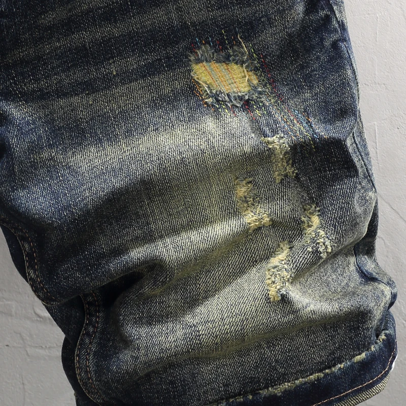 Summer Vintage Fashion Men Jeans Retro Washed Black Blue Elastic Ripped Short Jeans Embroidery Patched Designer Denim Shorts Men