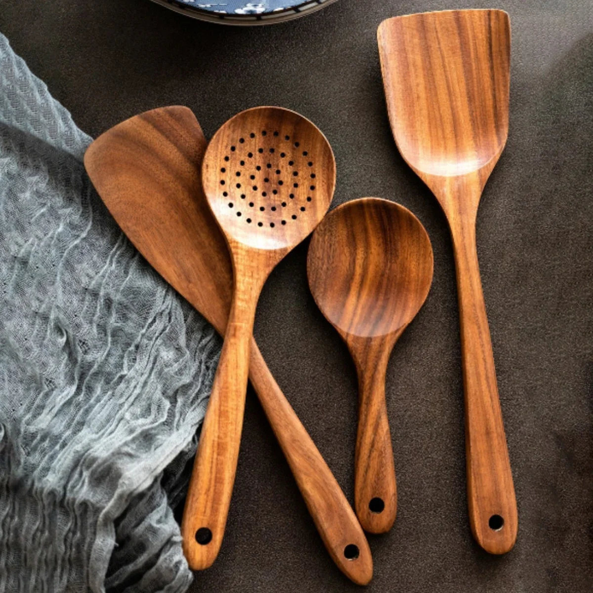 Wood Kitchenware Cooking Household Spatula Spoon Salad Spoon Fork Stirring Kitchen Baking with Storage Bucket