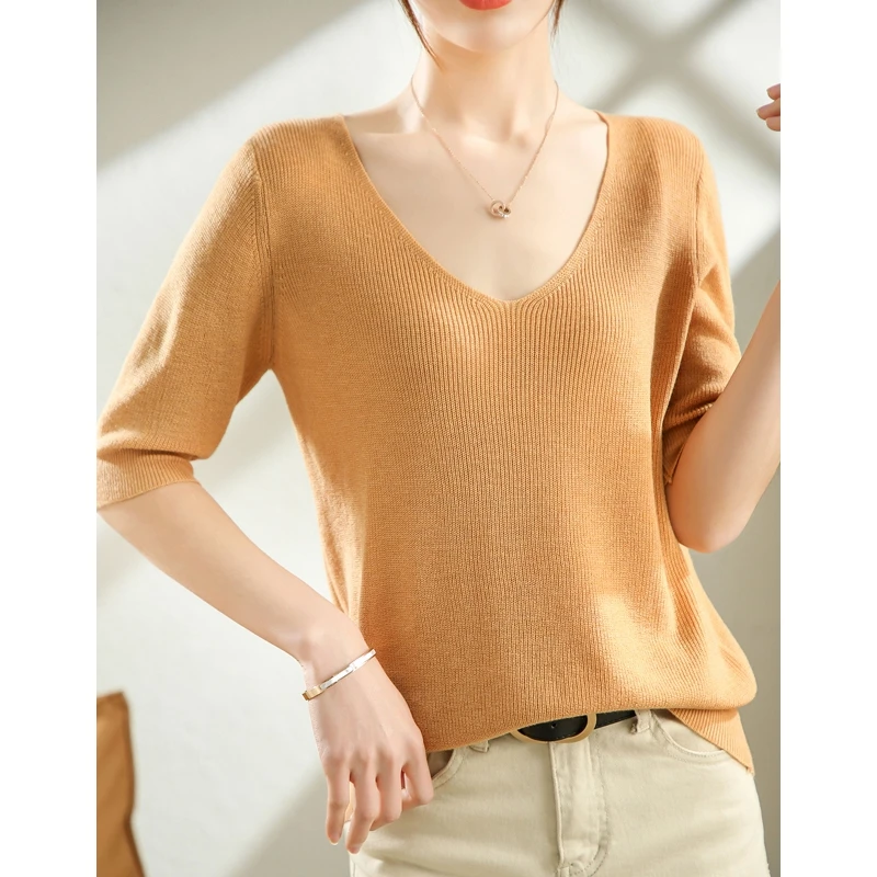

Spring and autumn trendy cashmere sweater women's knitted short sleeved Pullover women's loose V-neck Korean solid color top