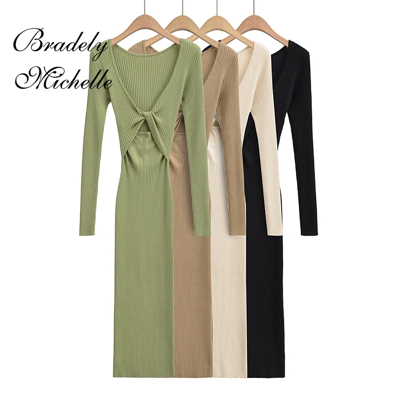 

Summer Dresses for Women 2023 Sexy Dress Vestido Knitted Pullover Crossover V-neck Elastic Long Sleeve Bodycon Long Dress