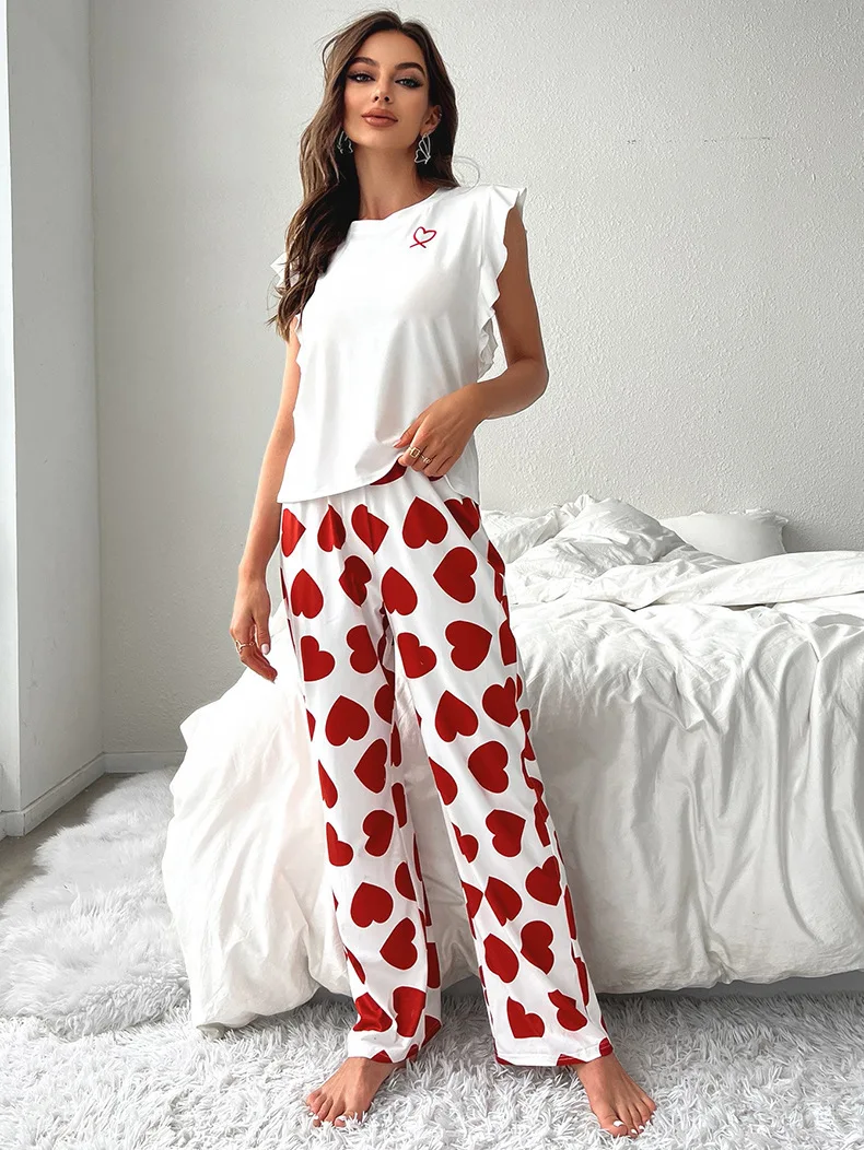 Spring Summer Heart Print Sleepwear Women Comfortable Pajamas Set Short Sleeve T-shirt with Pants Casual Homewear Loungewear