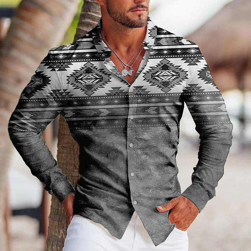 Mens Dress Shirt Men Fashion Vintage Tribal Party Clear Graphic Lapel Button Down Casual Tops