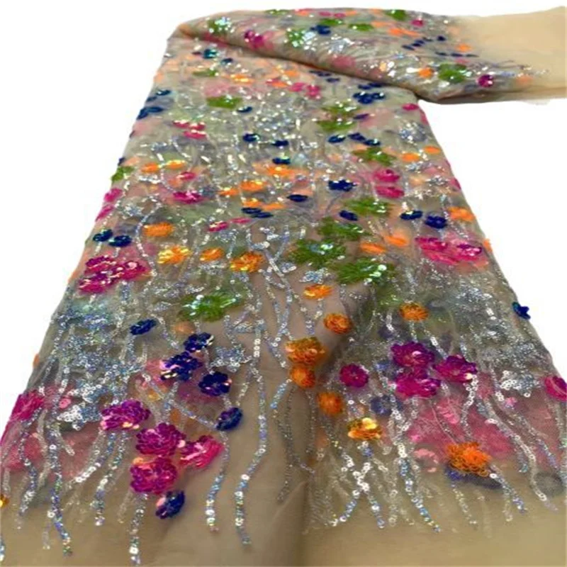 

Multicolored African Lace Fabric With Sequins High Quality French Lace Fabric Embroidery Sequined Mesh Laces For Wedding Dress