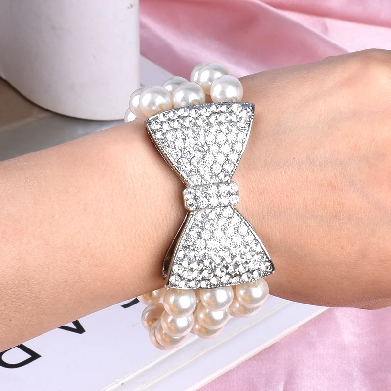 

New Pearl Fashion Bow Large Adjustable Bracelet for Women Geometric High Quality Luxury Korean Elastic Jewelry