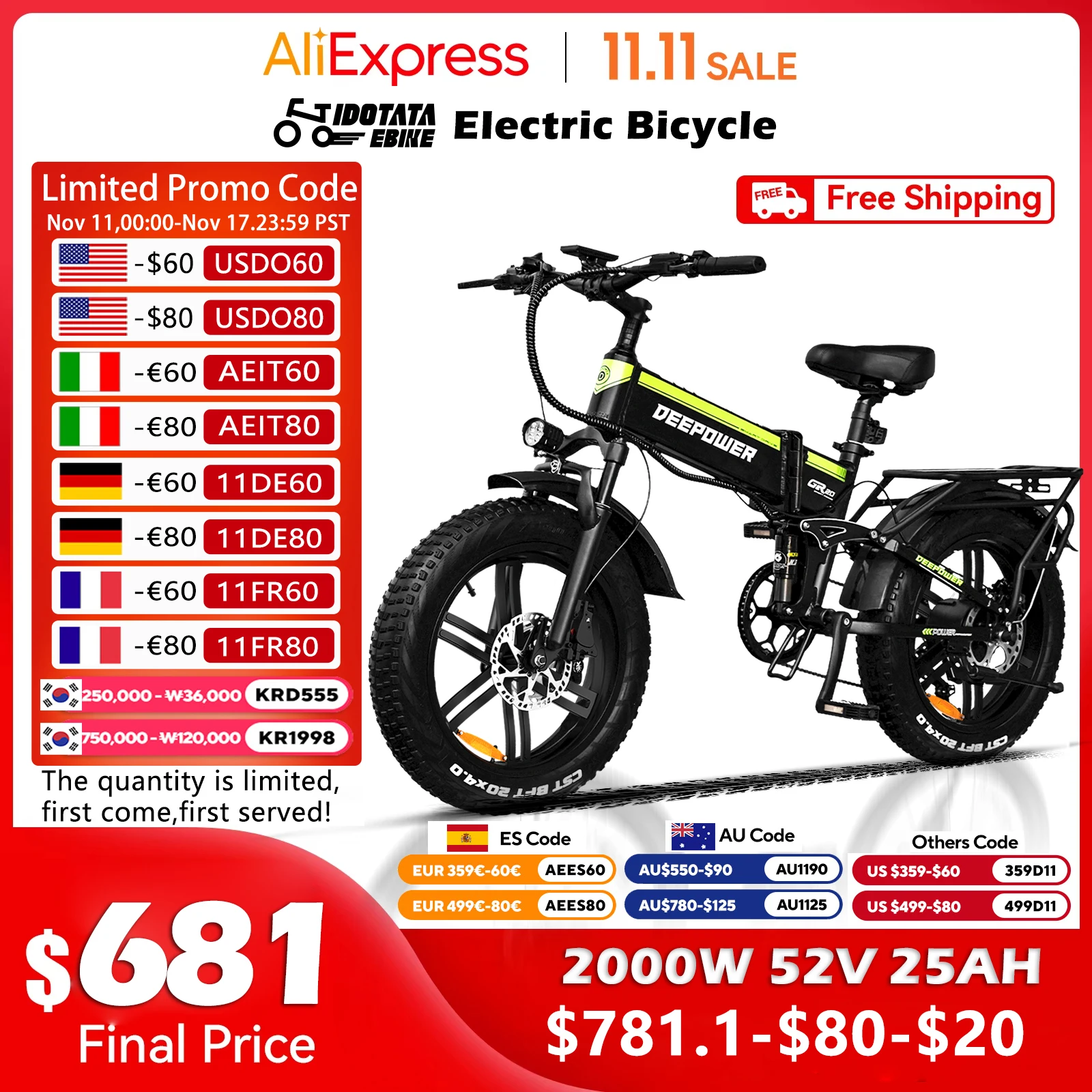 Electric Bicycle Electric Bike 2000W 48V 25AH Folding Adult Mountain 20Inch 4.0 Fat Tire